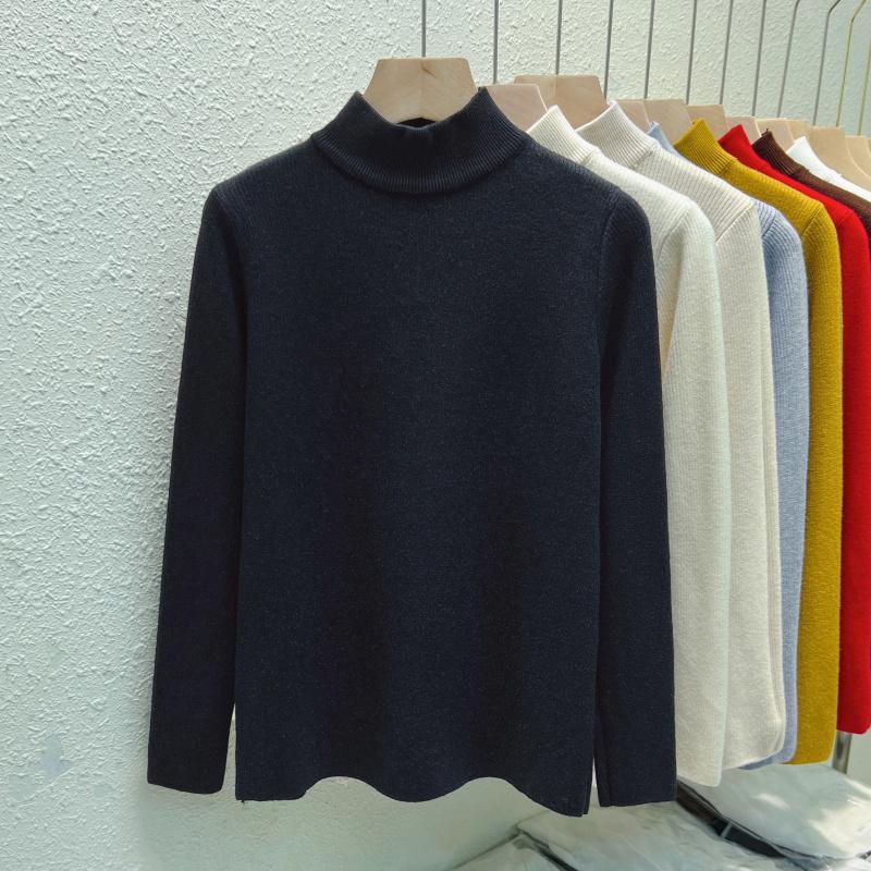 Autumn Warm Velvet Knitted Women's Sweater Casual Winter New Thicken Half High Collar Base Pullover Sweaters Elegant Solid Slim Plush Knitwears 25206