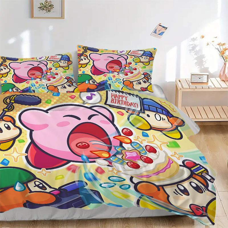 3-местный комплект постельного белья Kirby Party Включает 1 одеяло + 2 наволочки, Без вкладышей для подушек, Мягкий, Удобный, Легкий, Дышащий, С принтом