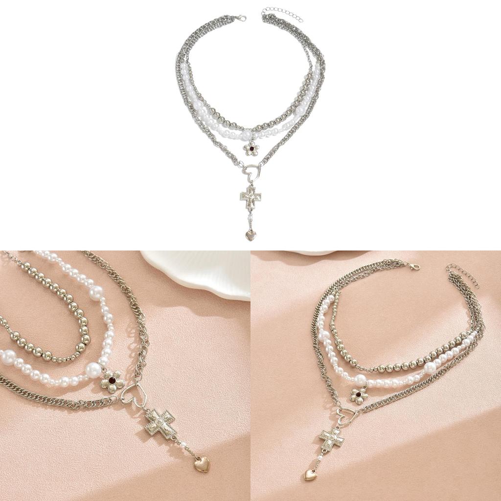 Vintage Heart Cross Pendant Necklace With Alloy Charm And Layered Floral Accents For Fashion