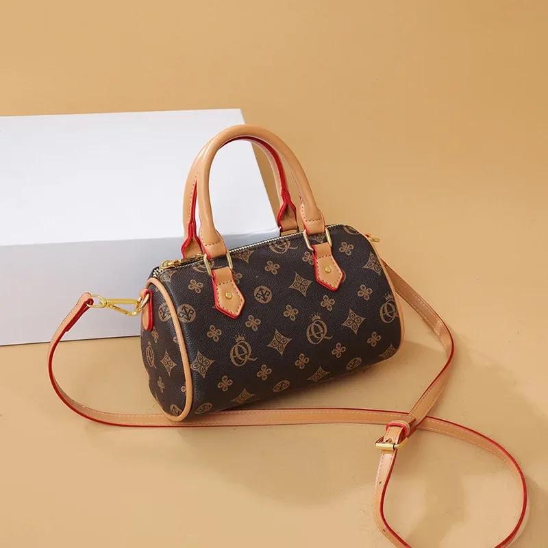 Boston Shoulder Bag for Women PU Leather Retro Printed Bag Luxury Crossbody Bag High Quality