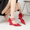 Red Pointed Sandals with Wedge Heeled Women's 2026 Summer New Leather High Heeled Shoes Elegant Shoes for Women 2026