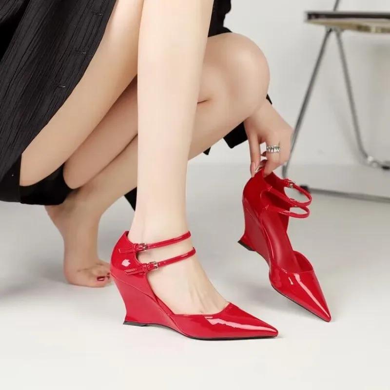 Red Pointed Sandals with Wedge Heeled Women's 2026 Summer New Leather High Heeled Shoes Elegant Shoes for Women 2026