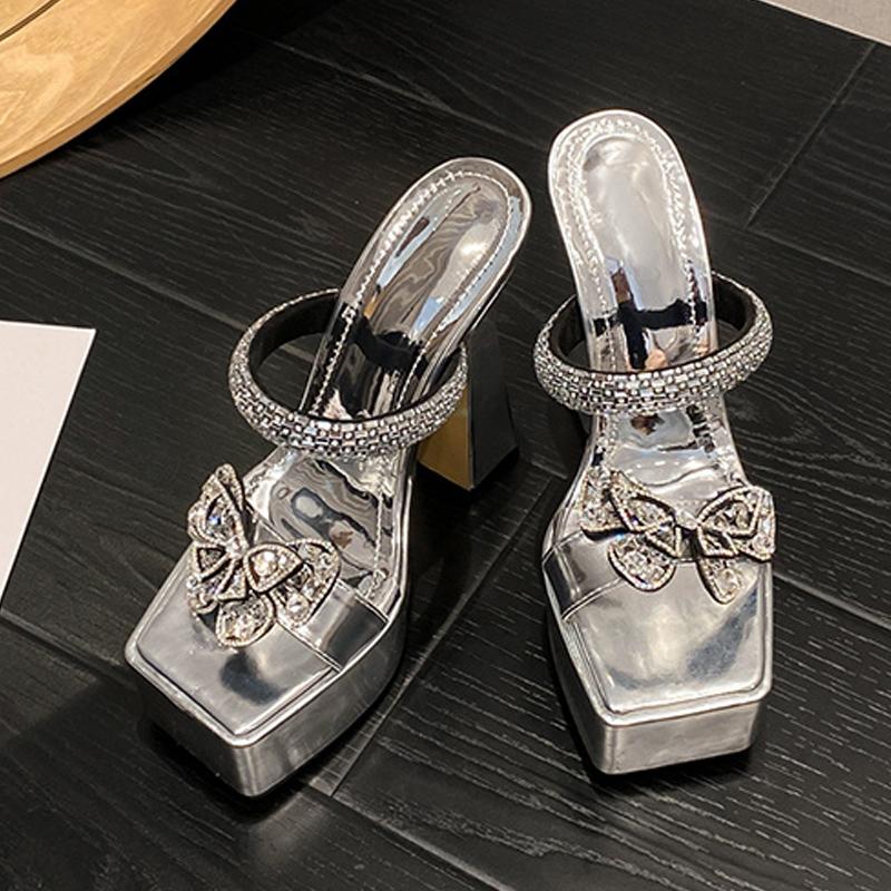 Liyke Summer 14CM Super High Heels Modern Slippers Fashion Crystal Butterfly Chunky Platform Sandals Women Party Stripper Shoes