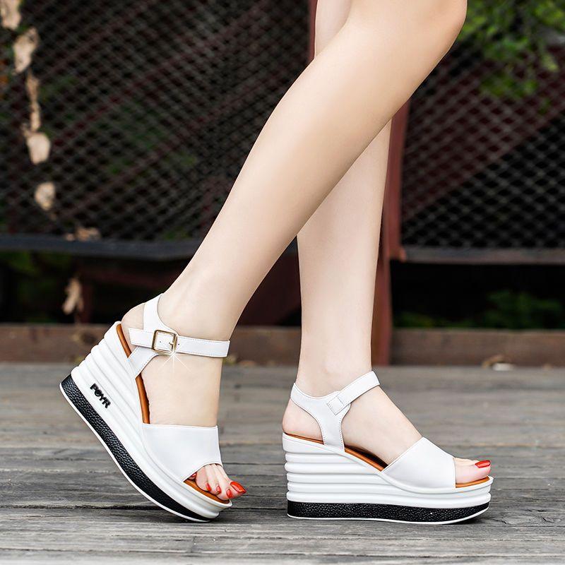 Fashion Sandals For Women White Round Toe Tip Wedges Heel Leather Outdoor Woman Shoes On Offer And Premium High Quality H Sale Vip