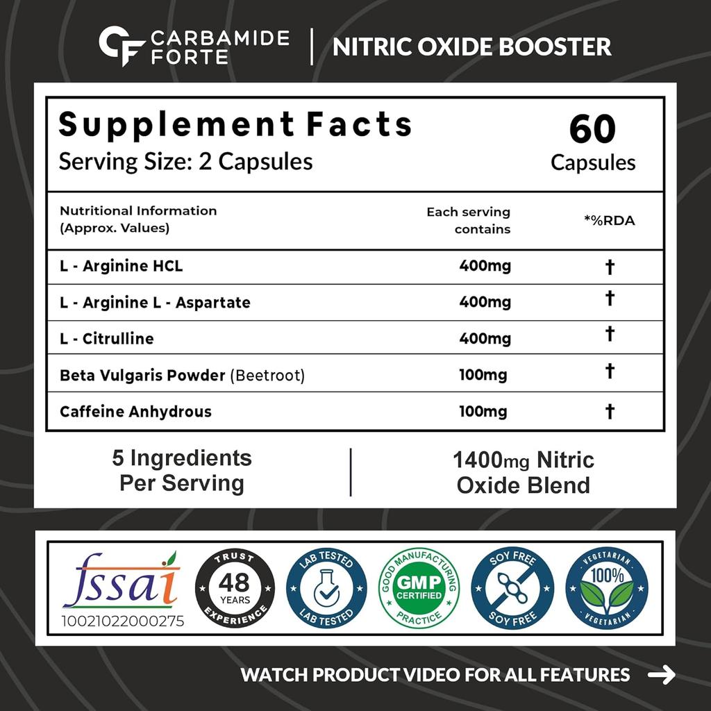 Carbamide Forte Nitric Oxide Supplement 1200mg for Adults with L-Arginine, AAKG & Beet Root 60 Veg Capsules