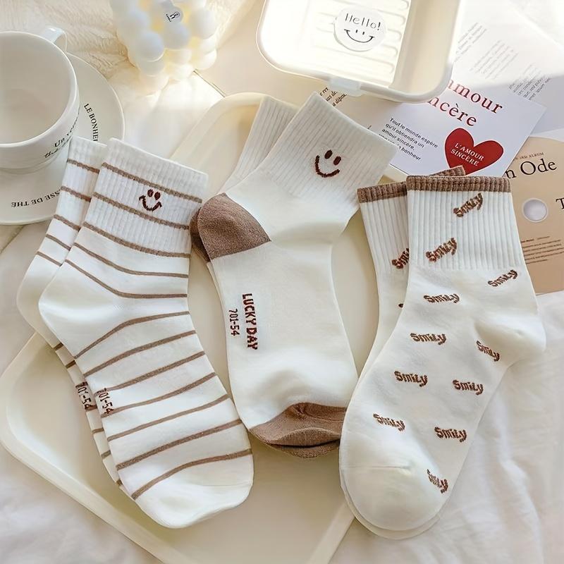 5 Pairs Smile Face Print Socks, Cute & Breathable Mid Tube Socks, Women's Stockings & Hosiery
