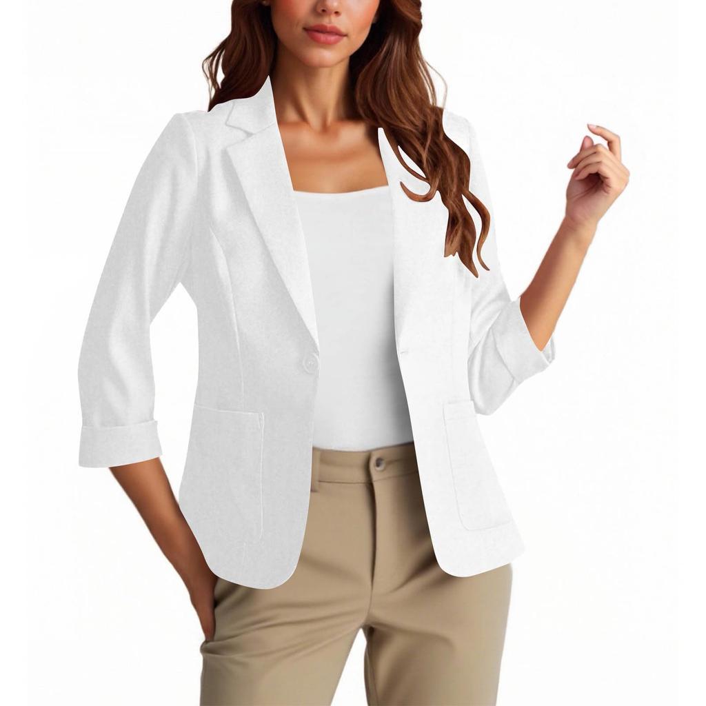 Womens Casual 3/4 Sleeve Blazers Open Front Solid Color Lapel Collar Work Business Suit Jackets