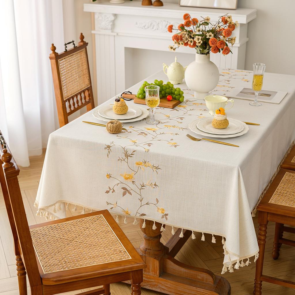 Embroidered Waterproof Linen Tablecloth Rectangle Elegant Dining Table Cover Tea Table Cloth