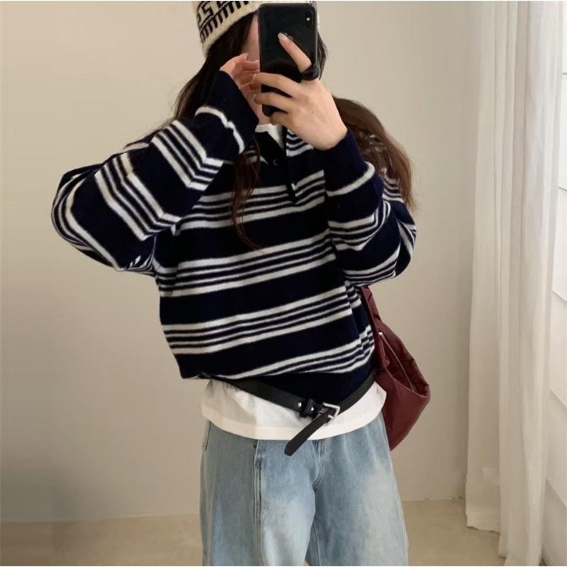 College Style Color Matching Striped Long-sleeved Knitted Sweater Autumn and Winter New Loose and Thin Casual Collar Pullover Sweater Women