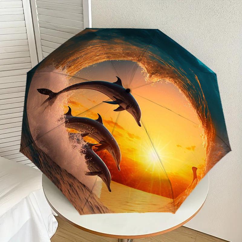 1pc Ocean Sunset Dolphins Wave Umbrella with Plastic Handle,Suitable for All Seasons Home Travel Outdoor UmbrellaDD345
