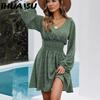 Polka Dot Dress Pullover V-neck Long Sleeve Pleated Waist Slim-fit Dress