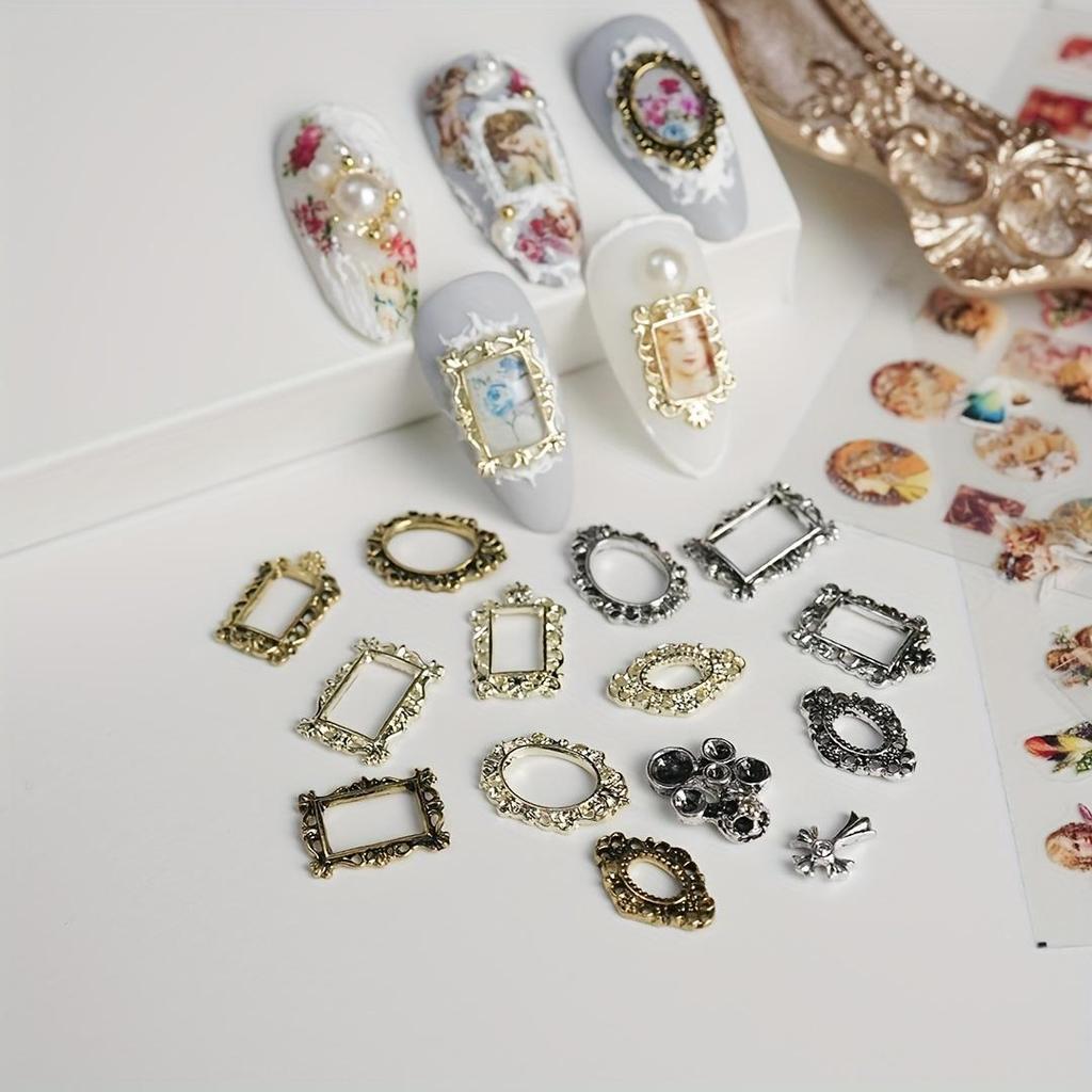 16 шт. подвески для ногтей в стиле ретро в стиле барокко - полые металлические украшения для ногтей в стиле панк для женщин и девочек - подвески в форме рамки для ногтей с гравировкой для дизайна ногтей своими руками