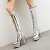 Модные сексуальные высокие сапоги до колена, женская обувь, на платформе, с принтом, кожаные высокие сапоги для женщин, серебристые, осенне-зимние, вечерние, длинные сапоги, женская обувь