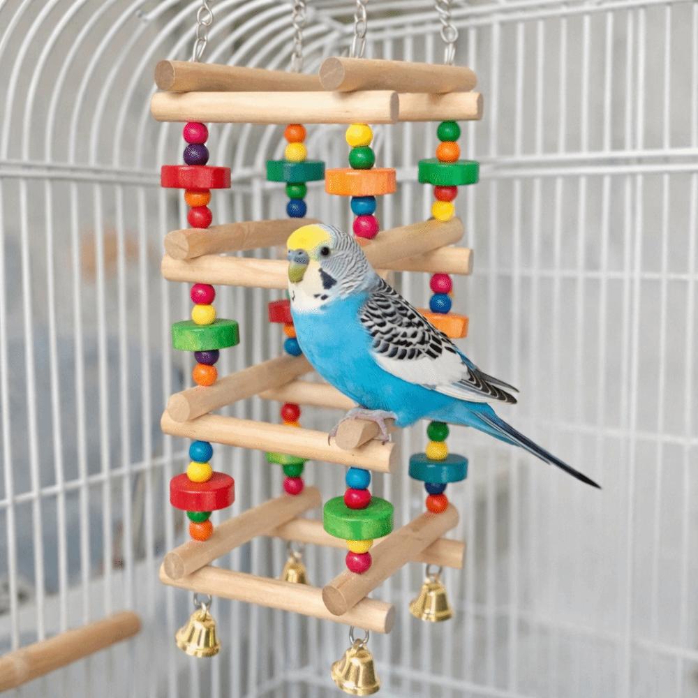 Colorful Wooden Parrot Chew Toys Hanging with Bells Bird Cage Standing Multi Layer Bite Resistant Bird Climbing Ladder Training
