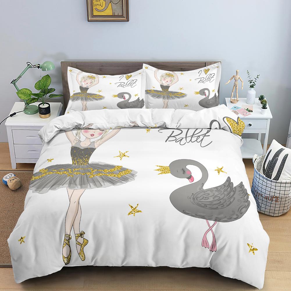 Ballet Dancer Girl Duvet Cover Set White Princess Bedding Set Cute Cartoon Bedclothes Queen King Size Polyester Comforter Cover
