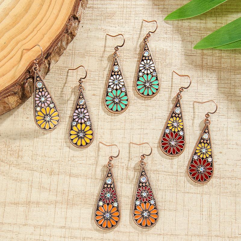 Fashion Ethnic Boho Enamel Flower Long Drop Dangle Earrings For Women Rhinestone Geometric Waterdrop Vintage Wedding Jewelry