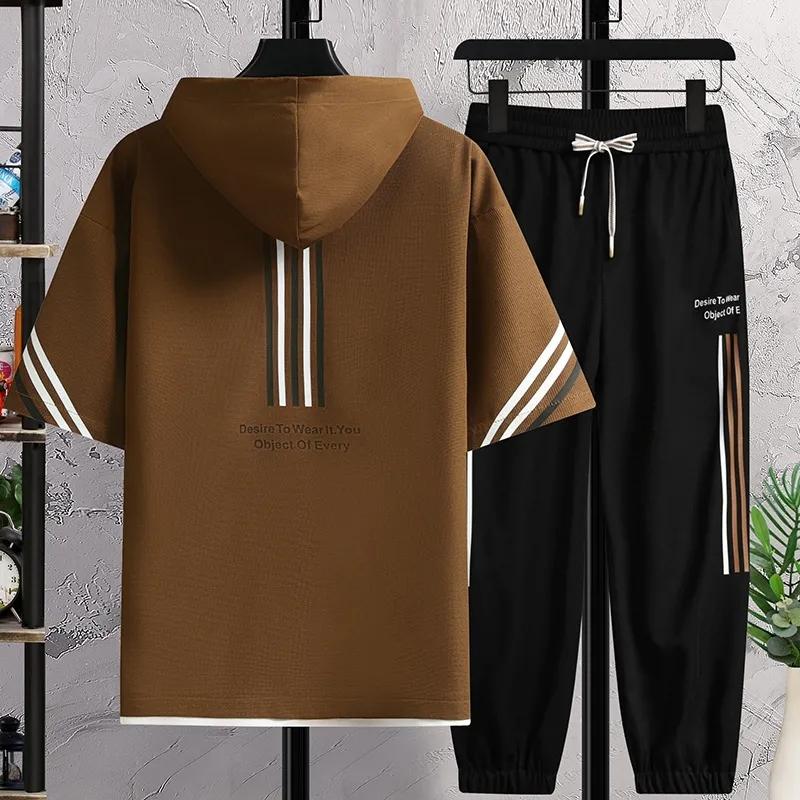 Летний мужской повседневный спортивный тонкий брючный костюм с короткими рукавами и капюшоном