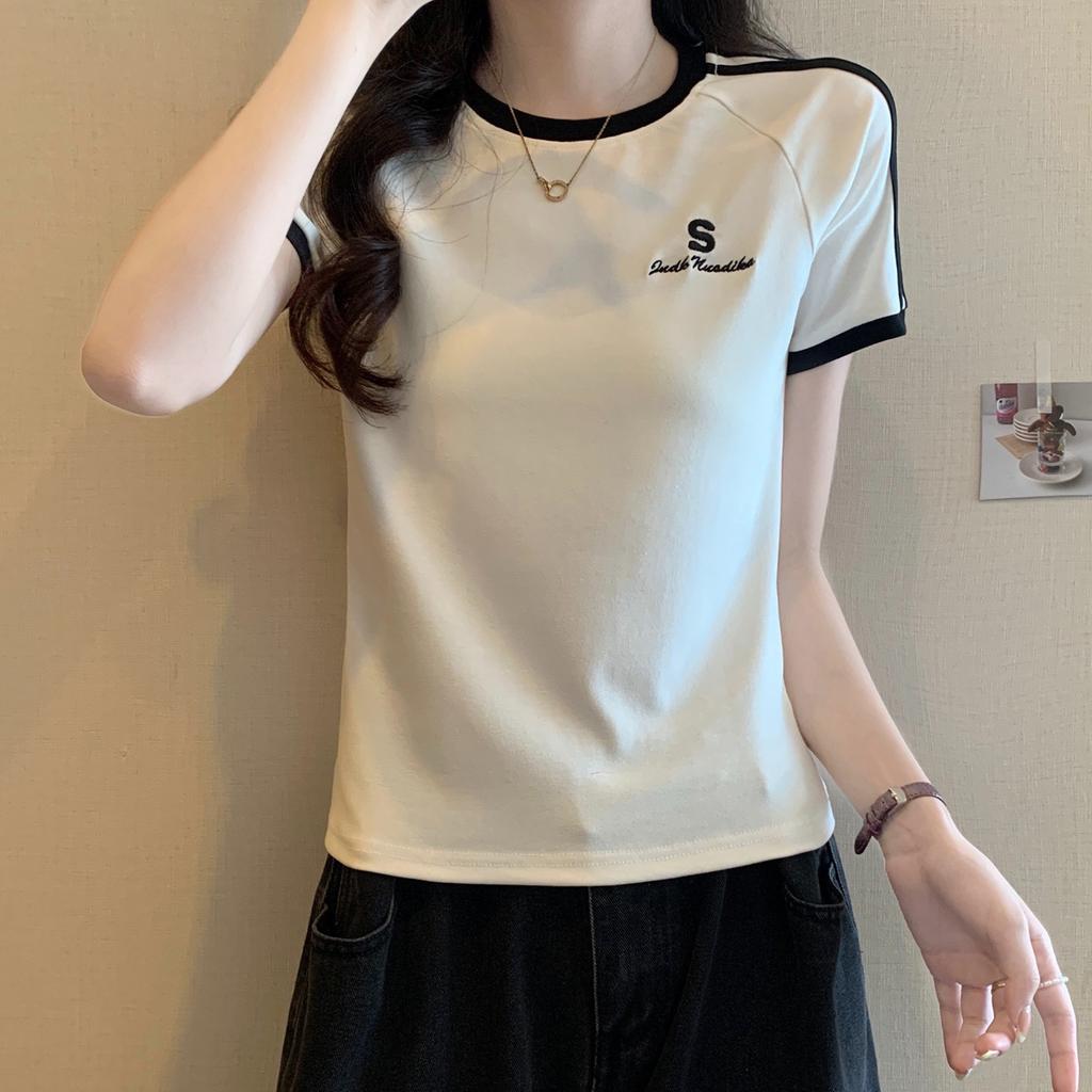 Женская летняя футболка с коротким рукавом и круглым вырезом на плечах