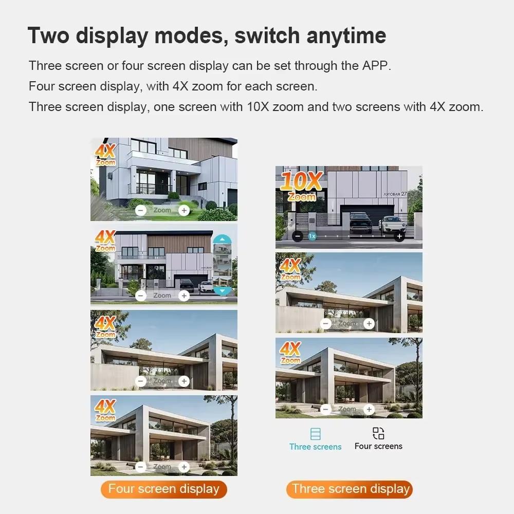 Уличная камера 20 Мп WiFi с оптическим 10-кратным зумом 10K, четырьмя объективами, четырьмя экранами, PTZ, двусторонним аудио, автоматическим отслеживанием, камерой видеонаблюдения