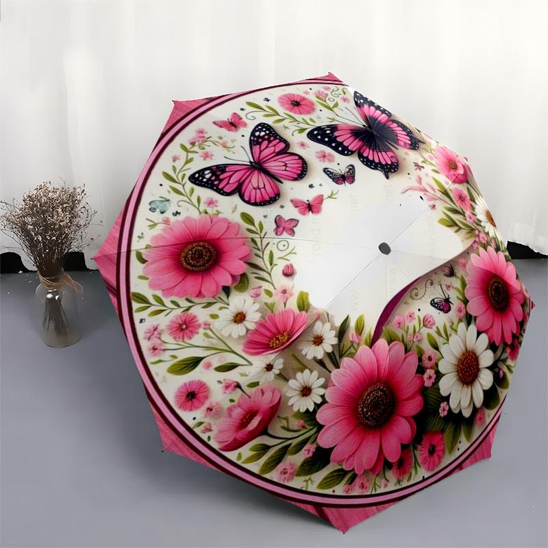 1pc Butterfly, Floral, Pink Umbrella with Plastic Handle,Compact & Stylish,Suitable for All Seasons YS331006