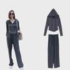 Women's Solid Color Zipper Hooded Cardigan Sweater Two-Piece Suit for Autumn/Winter Casual Fashion.