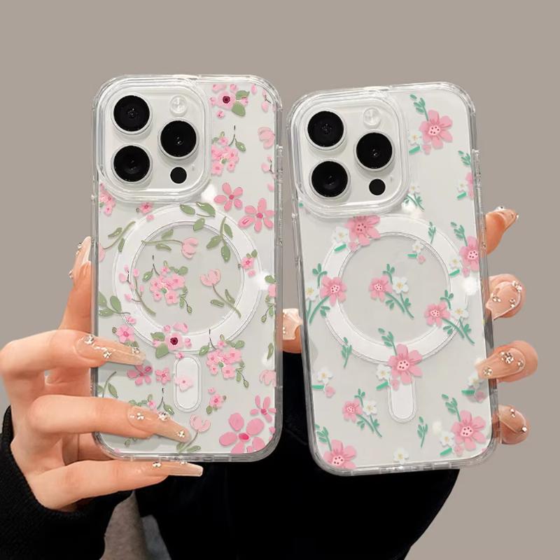 Прозрачный чехол с розовыми цветами для Samsung A56 5G A55 A16 A54 A35 A25 A36 A26 A06 S25 Ultra S23 S24 FE Для Magsafe Магнитная крышка