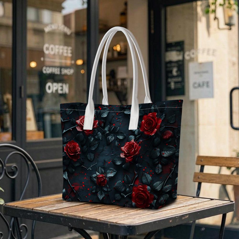 Gothic Red Rose Shoulder Bag Fashion Portable Large Capacity Daily Use Tote Bag