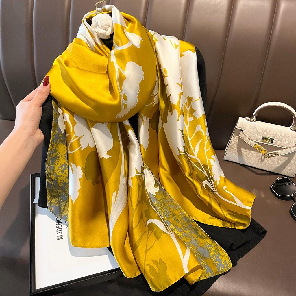 New Spring and Autumn Retro Floral Cranes Temperament Simulation Silk Large Long Scarf Sunscreen Outwear Shawl Female Silk Scarf
