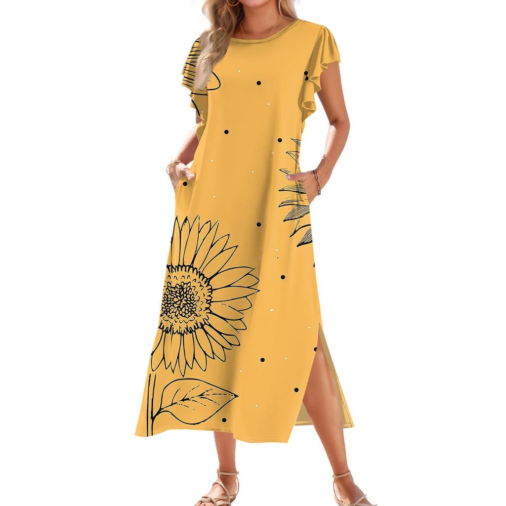 Женское модное летнее повседневное пляжное платье с плиссированными рукавами, свободным ретро-цветочным принтом, короткими рукавами, круглым завязкой и карманом