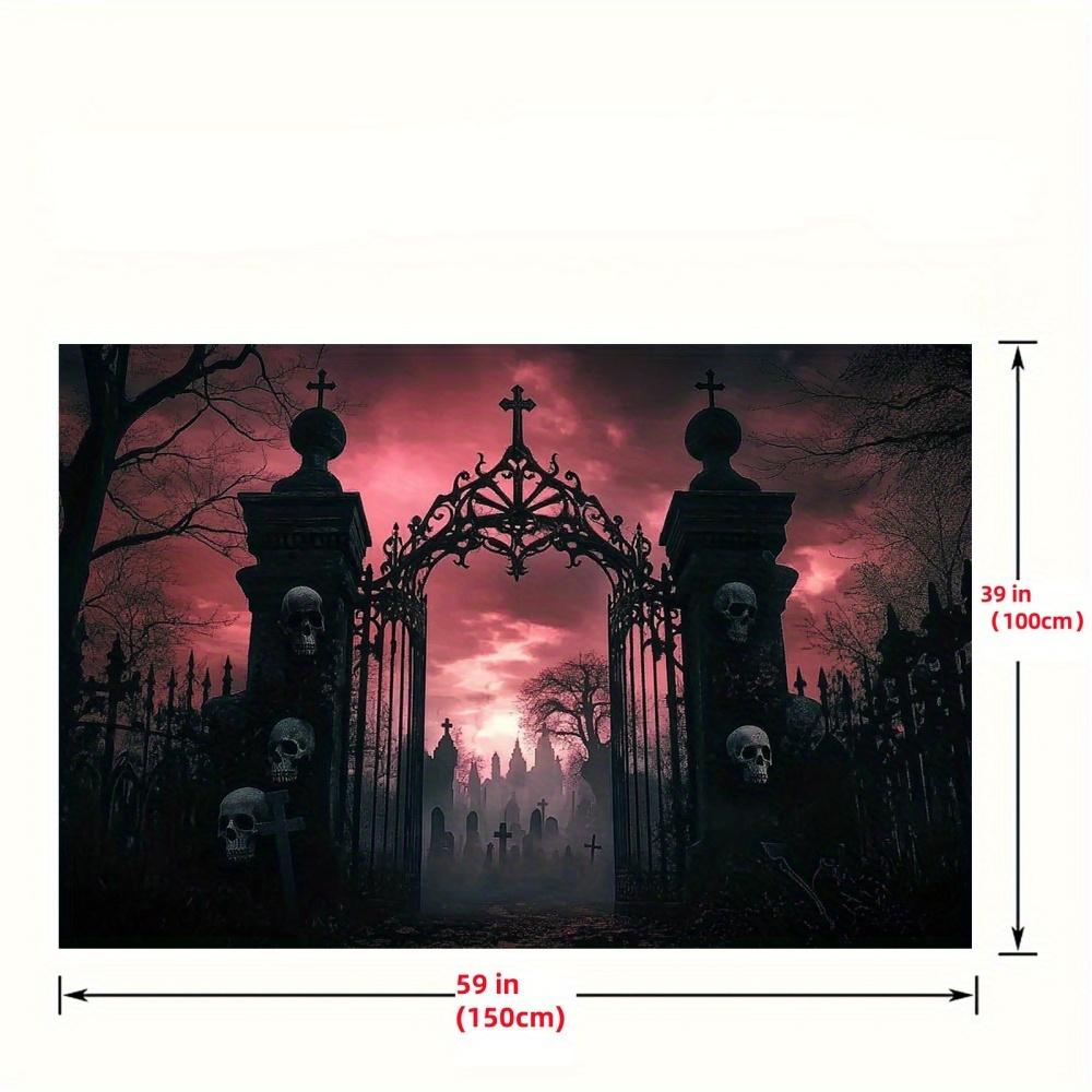 1pc Weird Gothic Arches Party Banner - Ghost Cemetery Scene with Skeleton and Gothic Gate