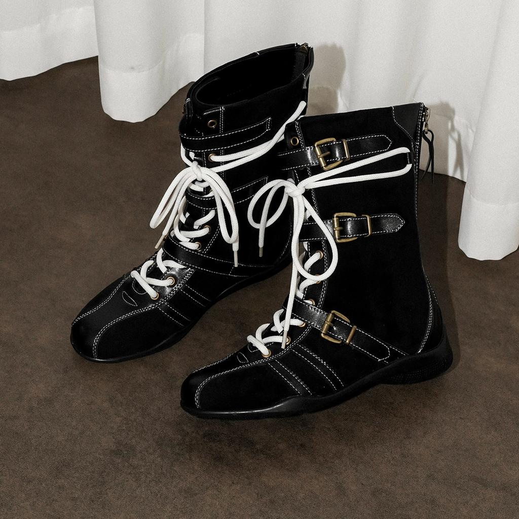 Издание из коровьей кожи~ Ретро Сплайсинг Замша Боксерские Ботинки Женская Мода Ниша Пряжка на Ремне Шнуровка Задняя Молния Ботинки Мартин