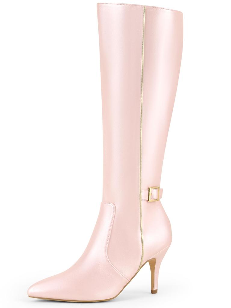 Allegra K Сапоги до колена на шпильке с острым носком, женские, блестящие розовые, размер 25.0 см