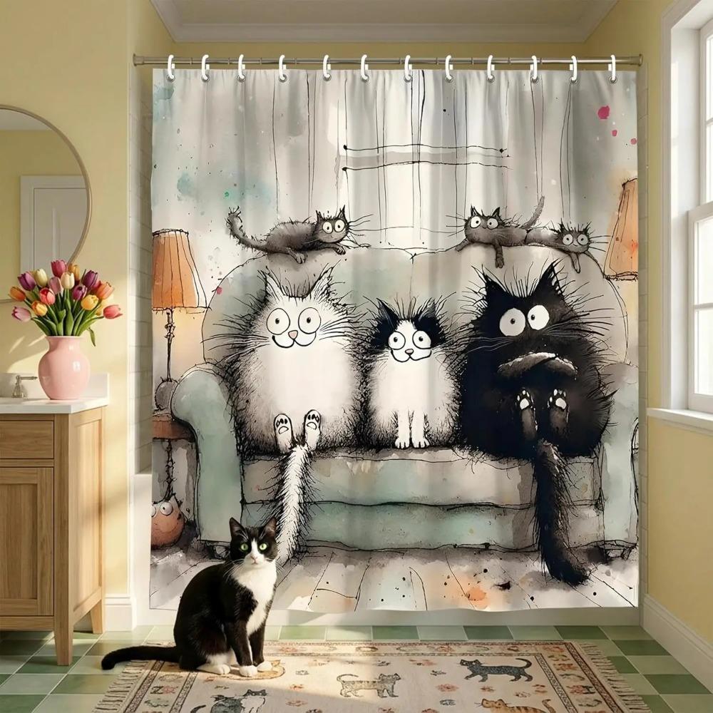 Kawaii Cartoon Cat Printed Shower Curtain Cute Funny Animal Artwork For Kids Women Bathroom
