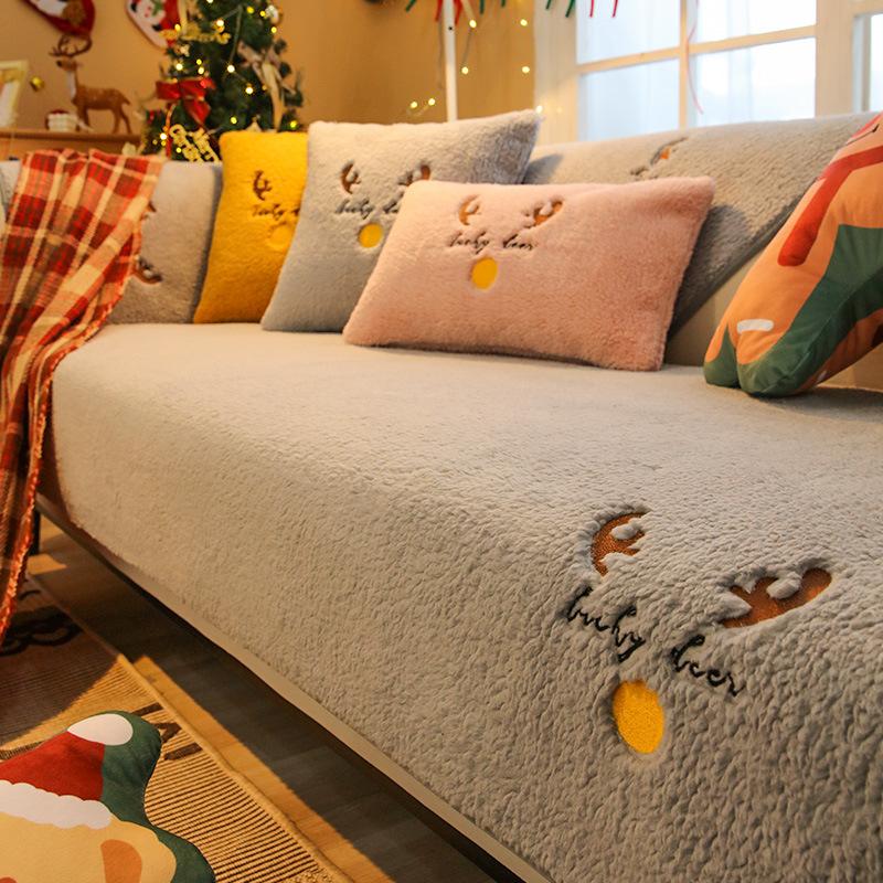 Утолщенный кашемировый чехол для дивана из ягненка, зимний нескользящий диван, полотенце, моющийся диван, подушка для дивана, декор для гостиной, Лось, Рождественский декор