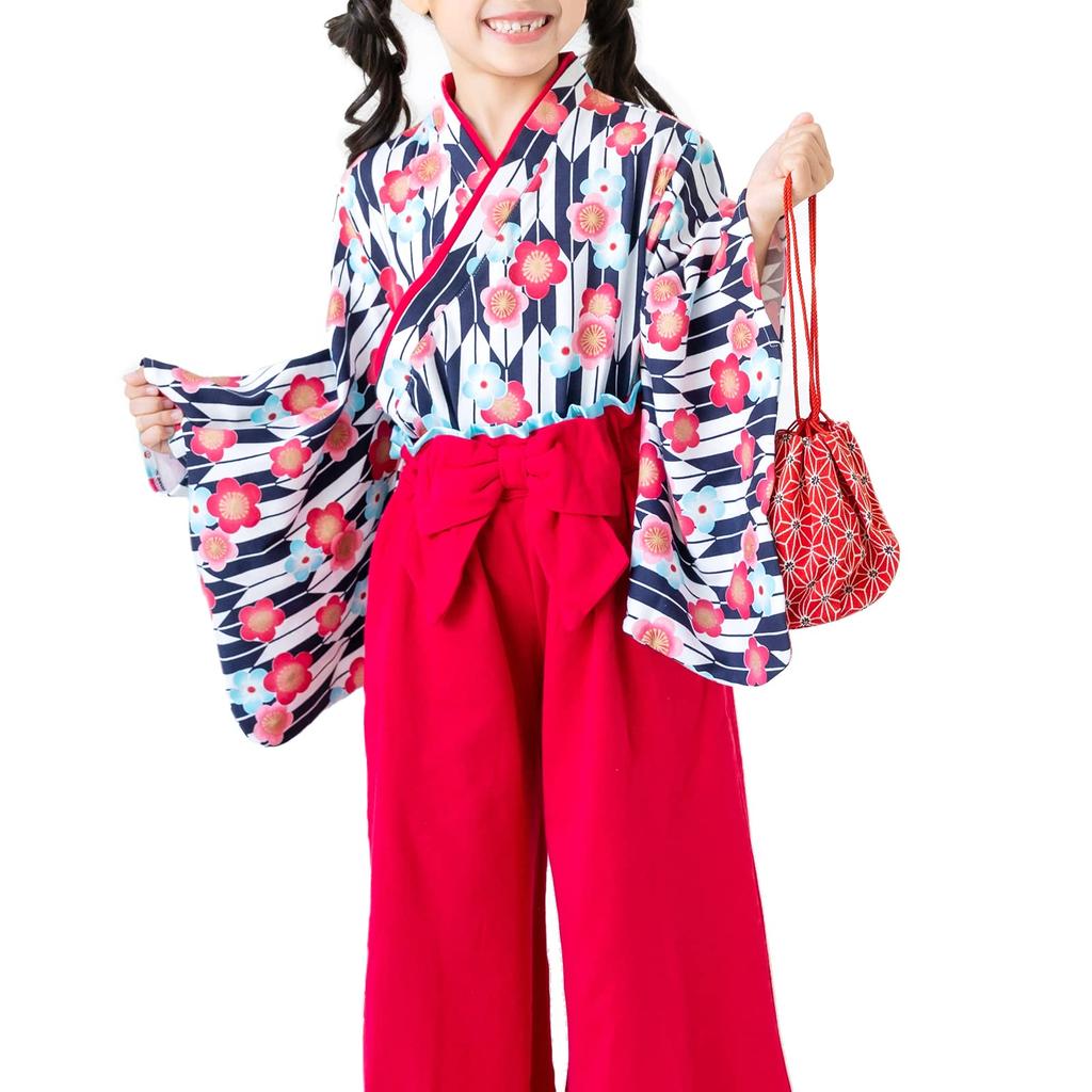 Puff Kids Комплект из 2 предметов в стиле хакама для девочек, малышей, хлопковые штаны, синий, темно-синий, 100 см