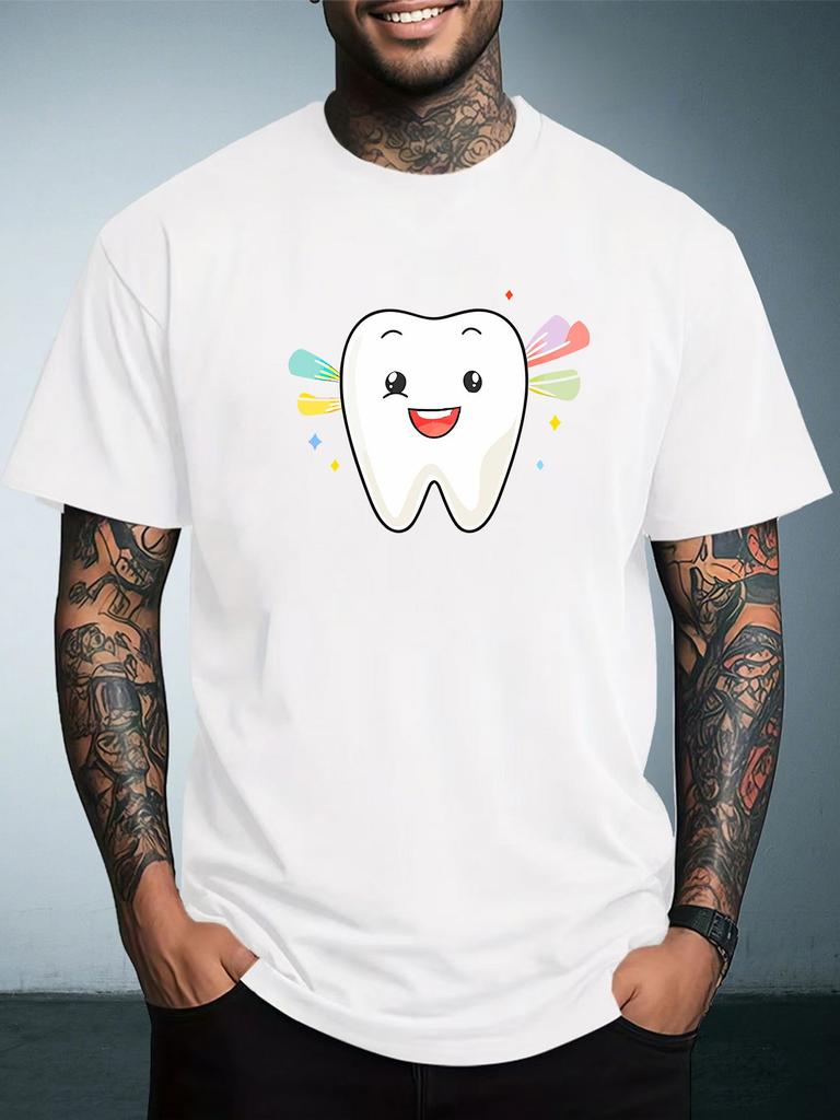 Unisex Summer White Short Sleeve Tee Cartoon Smiling Tooth Color Sparkle Graphic Print Crew Neck Loose Male Casual Streetwear Tops
