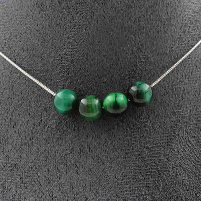 Stones and Minerals. Necklace 4 Green Tiger Eye Beads 8 Mm. Stainless Steel Chain Necklace Women Men. Custom Size