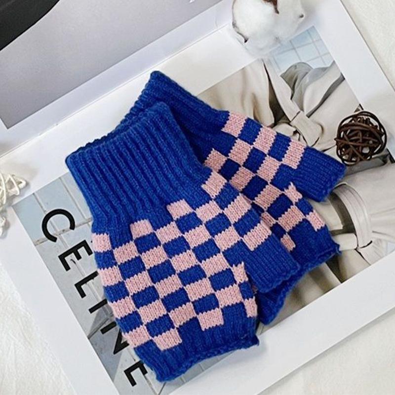 Теплые перчатки трикотажные клетчатые морозостойкие перчатки с половиной пальца для женщин зимние