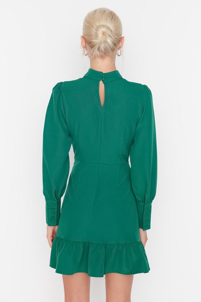Women's Fashion New Dress Emerald Green A-Line High Collar Skirt Gathered Mini Woven Dress