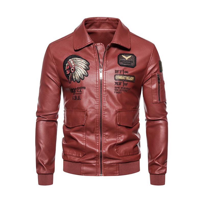 Autumn Winter Embroidered Leather Jacket Men Fleece Pu Leather Waterproof Motorcycle Jacket