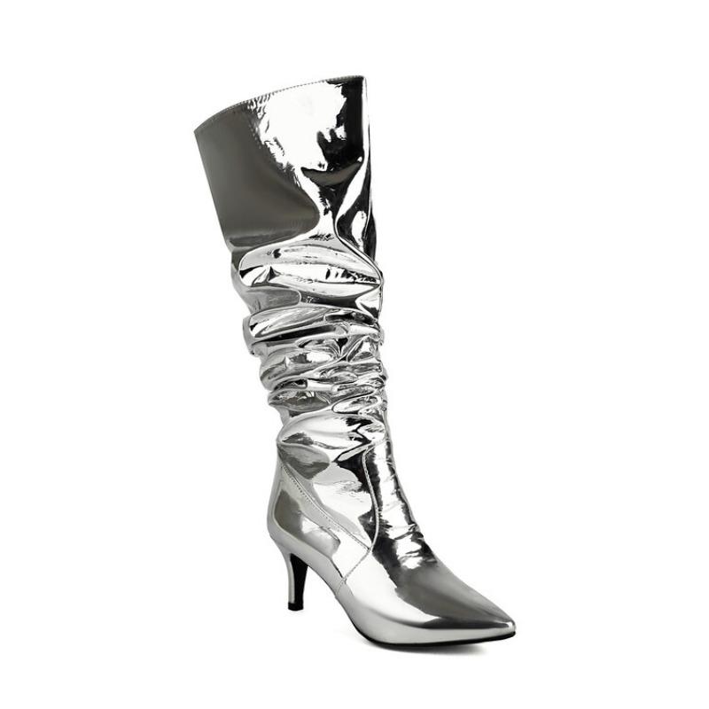 Модные европейско-американские лакированные плиссированные золотистые серебристые длинные сапоги женские 6,5 см высокий каблук короткий плюш до колена размер 32-48