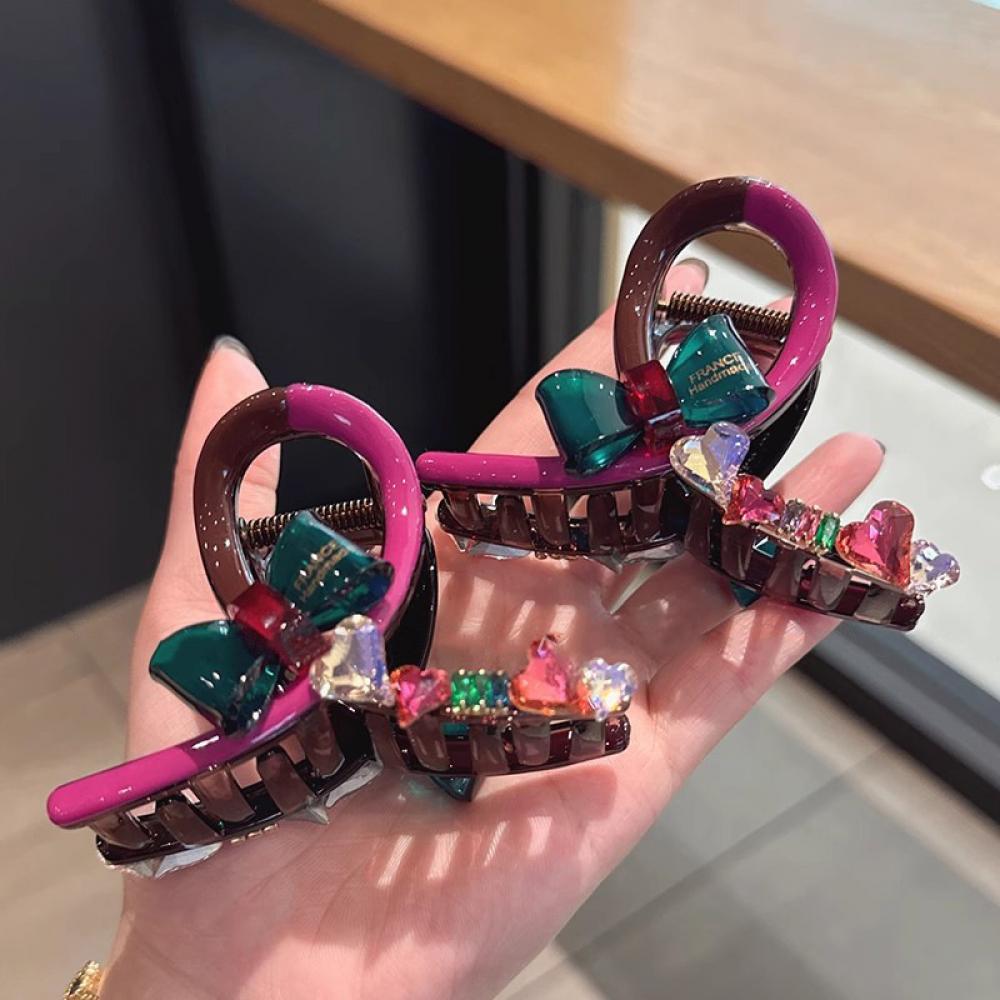 bow color block hair claw shark clip for women half up hairstyle back head hair accessories
