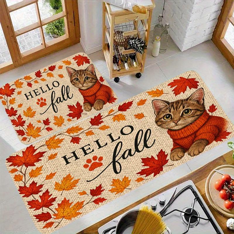 Autumn Thanksgiving Cat Kitchen Mats Home Decor Fall Maple Leaves Non-slip Door Mat Living Room Balcony Hallway Rug Autumn Decor