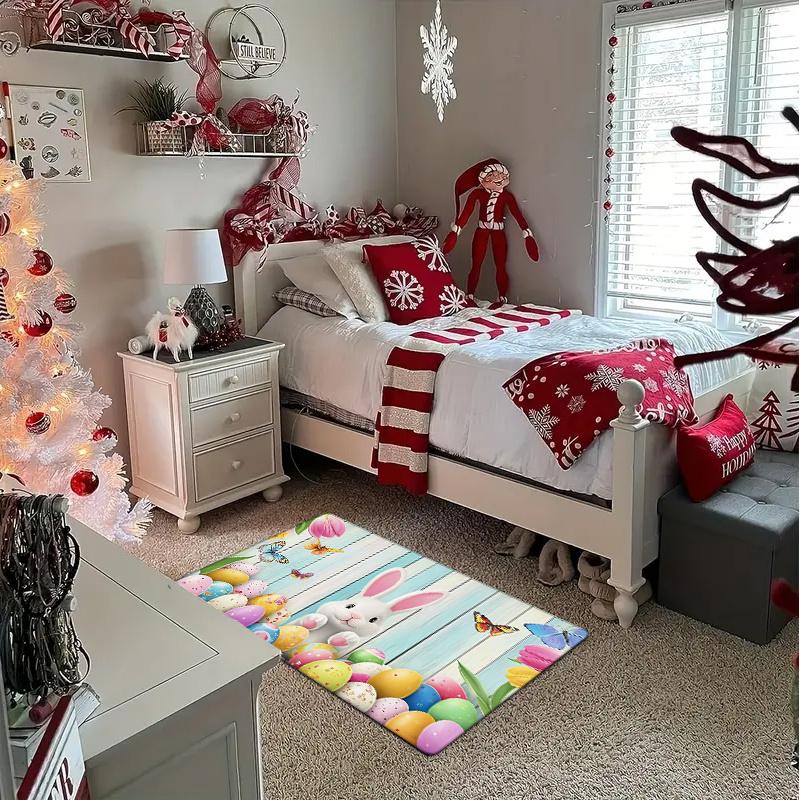 Easter Bunny and Egg Decorative Mat - 0.47inch Thick Flannel, Absorbent Non-Slip Floor Mat with Spring Butterfly Theme, Machine