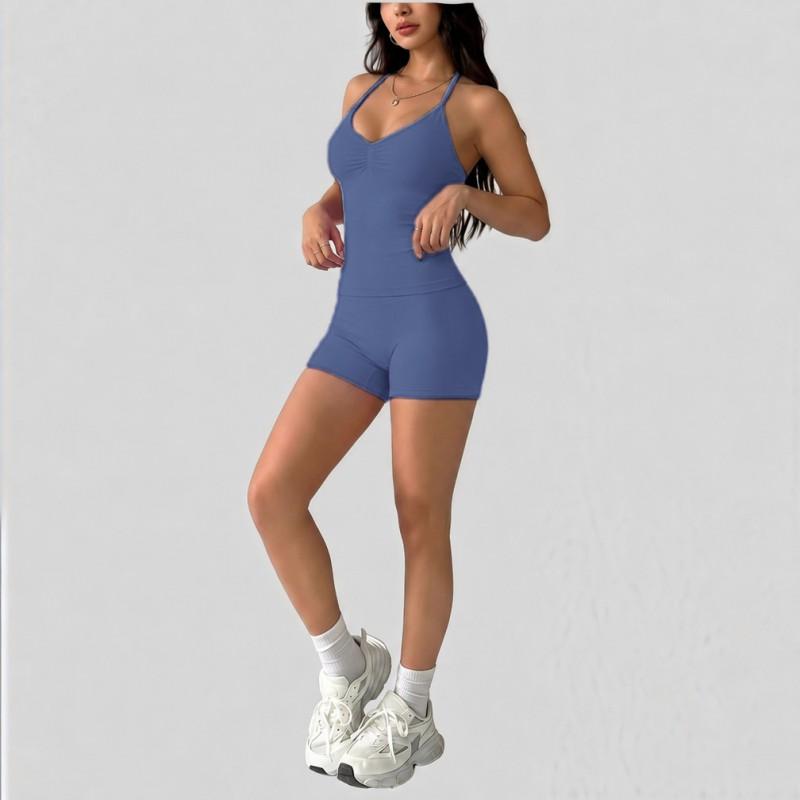 36-Color High-Waisted Ruched Neckline Crop Top Tapered Leggings Yoga Set Women With Built-in Bra Pad