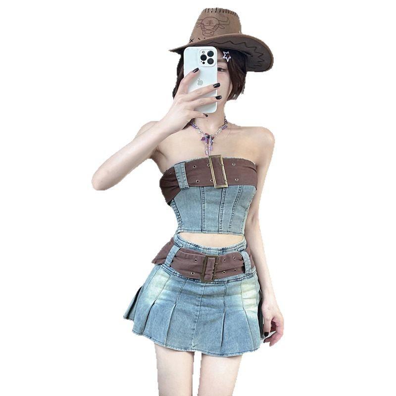 Women's Vintage Spice Girl Belt Top High Waist Skirt Set