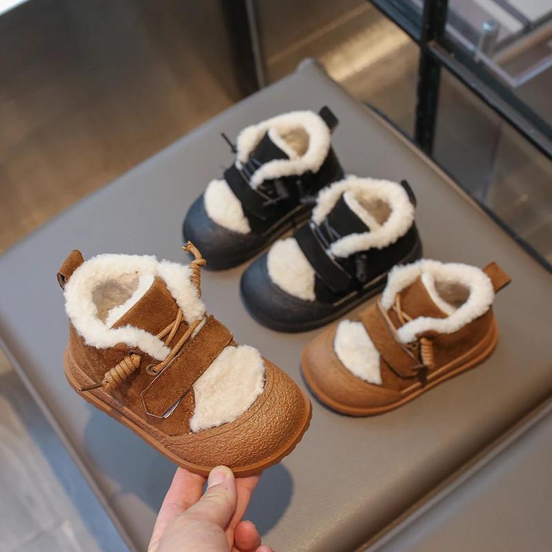 2024 Winter Kids Snow Boots Soft Bottom Girls Causal Cotton Shoes Fashion Versatile Outdoor Children Boys Plush Boots Hook Loop