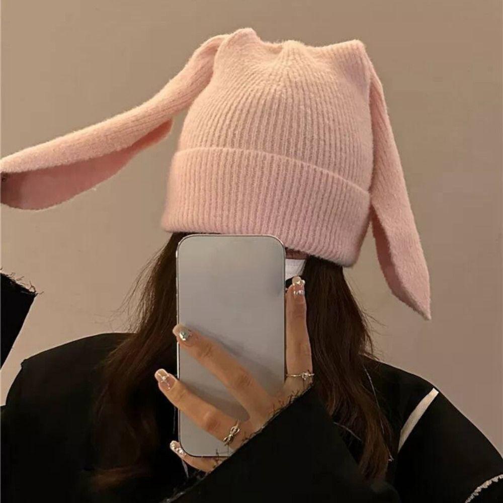 Long Ears Rabbit Knitted Hat Winter Warm Pullover Hat Cute Earflap Hat Women