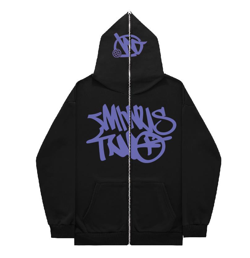 Men's new niche loose casual printed hooded zipper men's sweatshirt, cardigan, sweatshirt jacket.