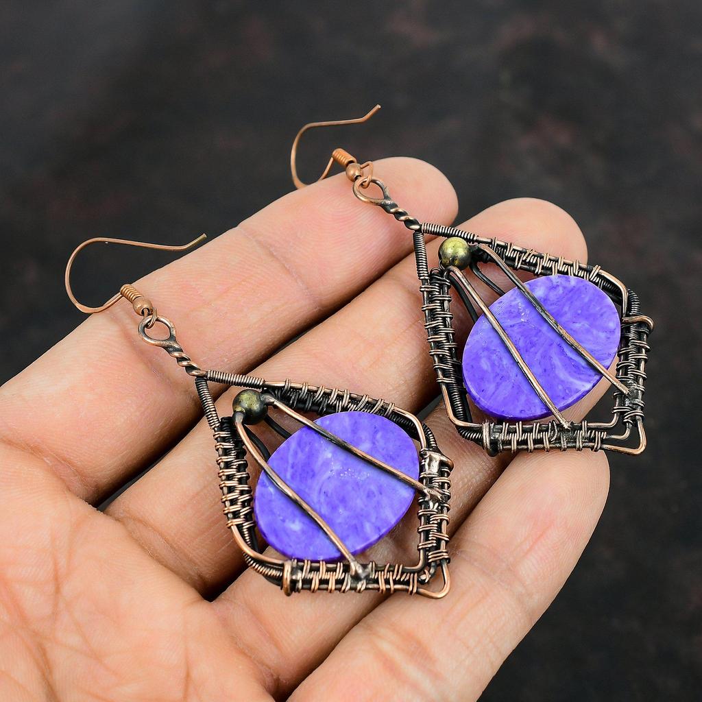 Серьги из чароита, медная проволочная обертка, медные украшения с драгоценными камнями, серьги ручной работы, проволочная обертка, висячие серьги, антикварные ювелирные изделия, подарок для жены